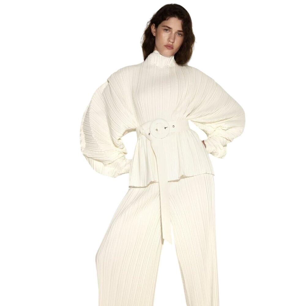 J'amemme Ursa Plisse Pleated Outfit Ivory XS Statement Sleeve Designer Luxury